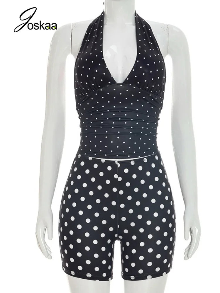 Women's Polka Dot Ruched V-neck Halter Two Piece Set - Back View
