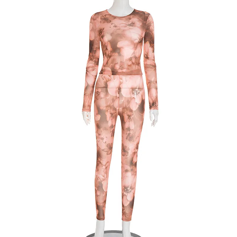 Women's Floral Print Mesh Long Sleeve Two Piece Set