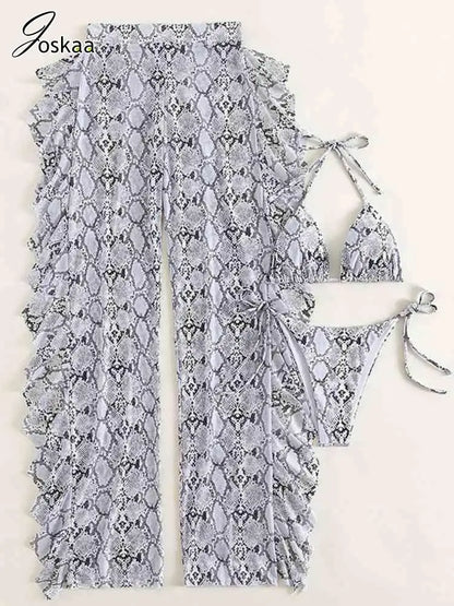 Women's Snake Print Mesh Halter Bikini Set White Snakeskin – Detail View