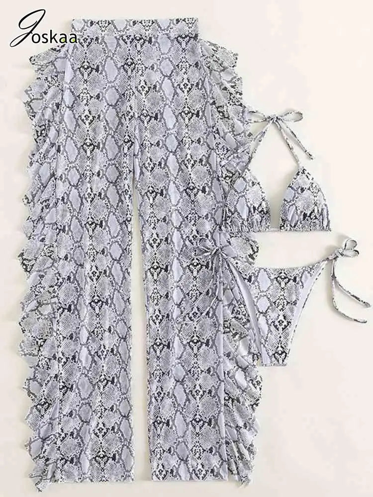 Women's Snake Print Mesh Halter Bikini Set White Snakeskin – Detail View