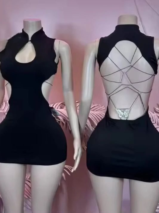 Joskaa Backless Bodycon Dress Black Playsuits Hollow - bodycon dress image 2