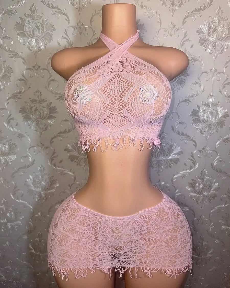 Women's Lace Cutout Halter Two Piece Set