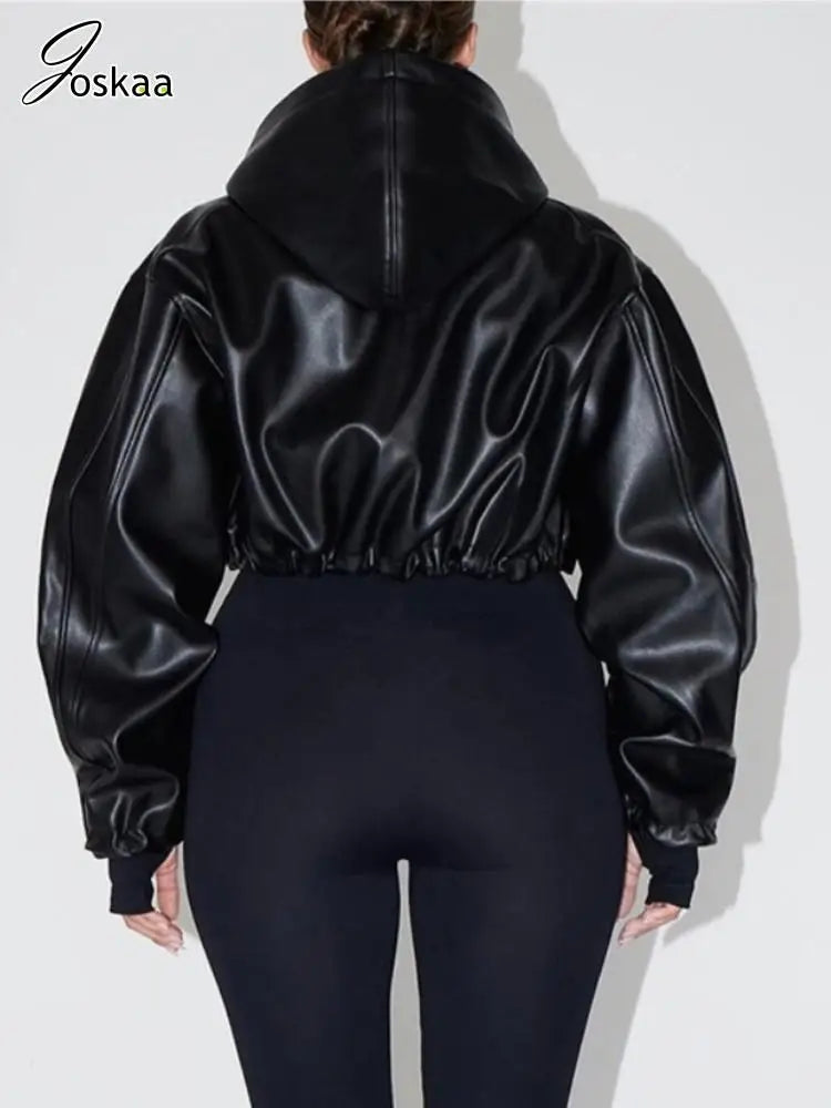 Women's Faux Leather Long Sleeve Zip Hooded Jacket Black – Side View
