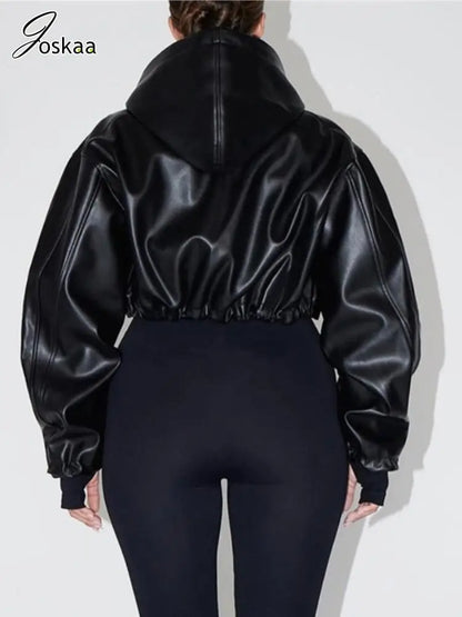 Women's Faux Leather Long Sleeve Zip Hooded Jacket Black – Side View