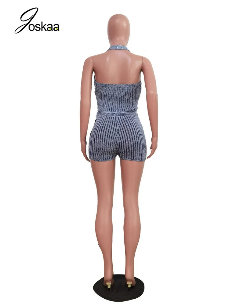 Women's Striped Ribbed Knit Backless Halter Two Piece Set - Model Wearing Style