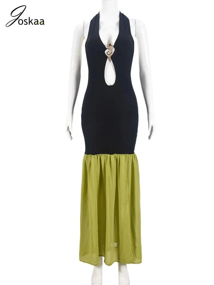 Women's Lace Backless Halter Bodycon Maxi Dress Coffee – Back View