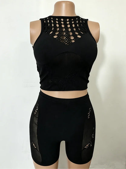 Women's Mesh Cutout Two Piece Set Print Hollow - Detail View 7