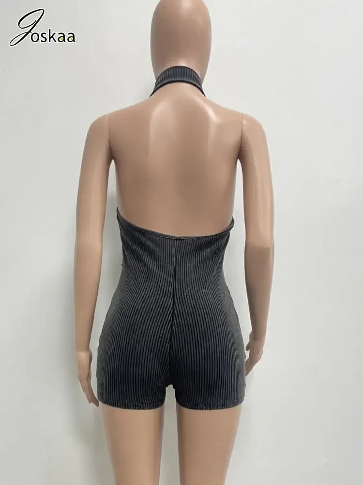 Women's Knit Backless Halter Bodycon Romper Blue – Detail View