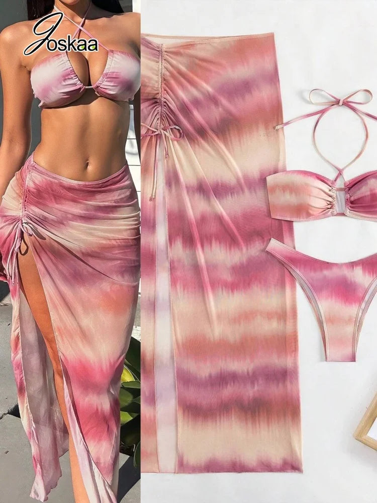 Women's Mesh Halter Swimwear Tie Dyed Bikini Set – Women's Fashion Wholesale – Front View