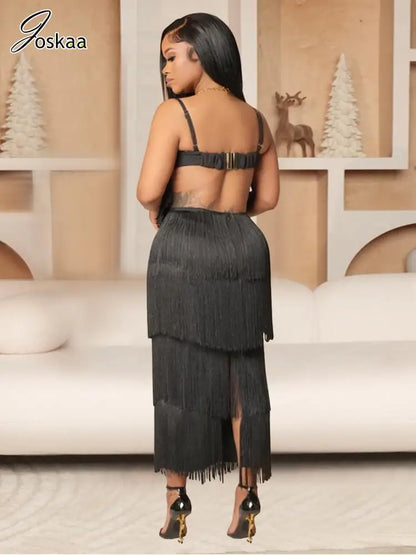Women's Backless Cutout Long Fringe Strappy Maxi Dress Golden – Front View