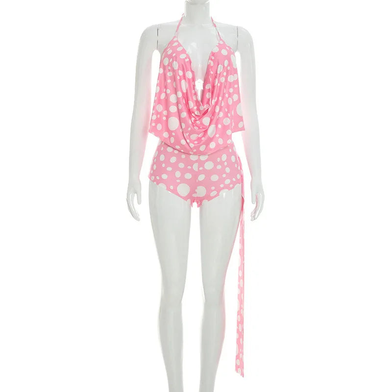 Women's Polka Dot Backless Halter Two Piece Set