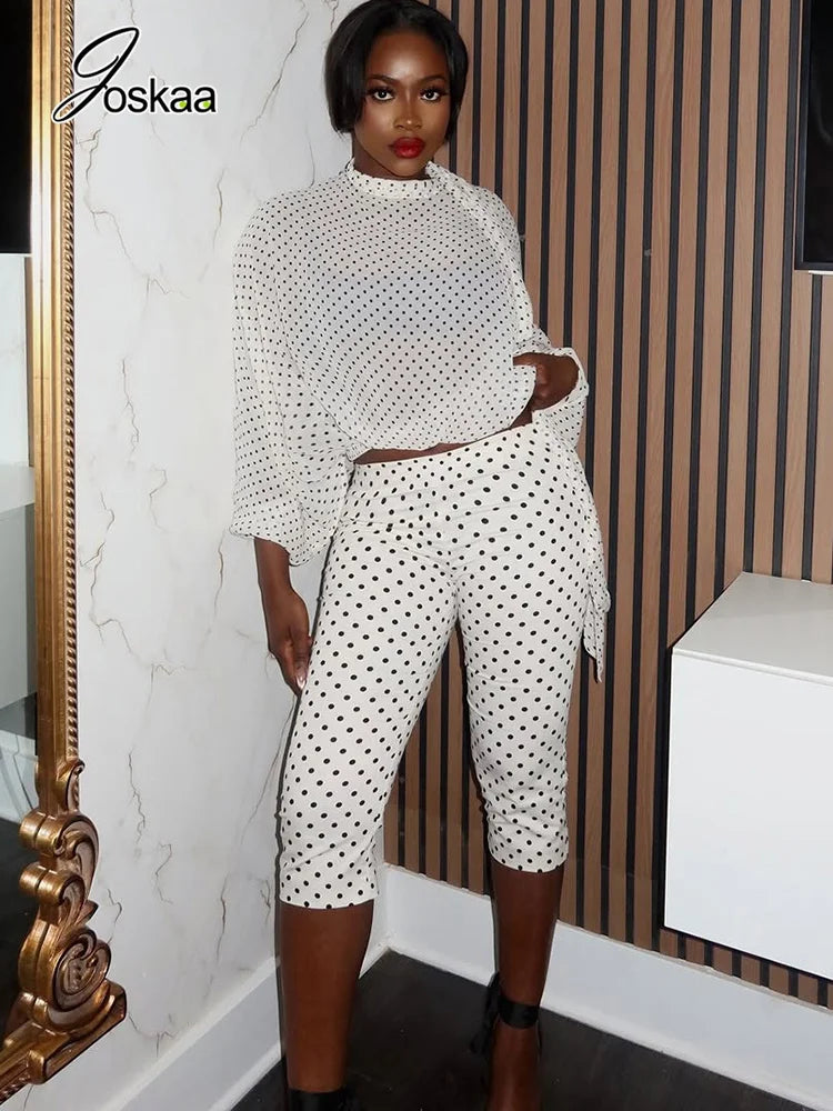 Women's Polka Dot Long Sleeve Bodycon Two Piece Set White – Front View