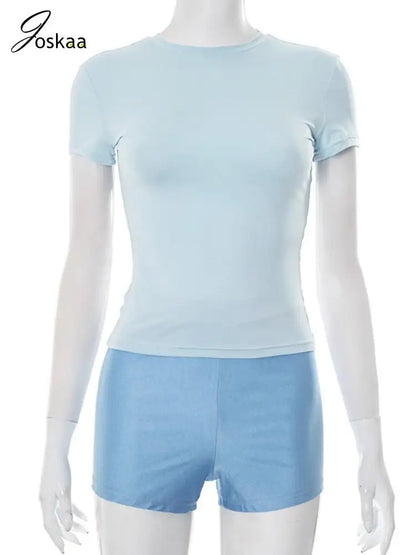Women's Short Sleeve Sporty Round Neck Two Piece Set Blue – Back View