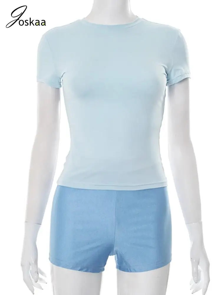 Women's Short Sleeve Sporty Round Neck Two Piece Set Blue – Back View