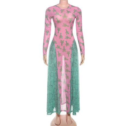 Women's Mesh Long Sleeve Fall Crayfish Maxi Dress