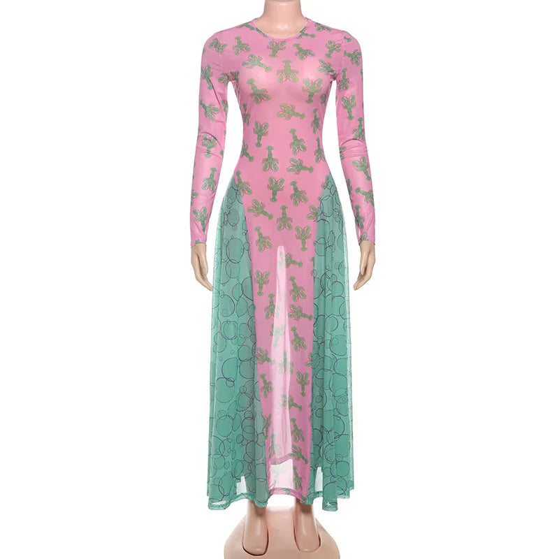 Women's Mesh Long Sleeve Fall Crayfish Maxi Dress