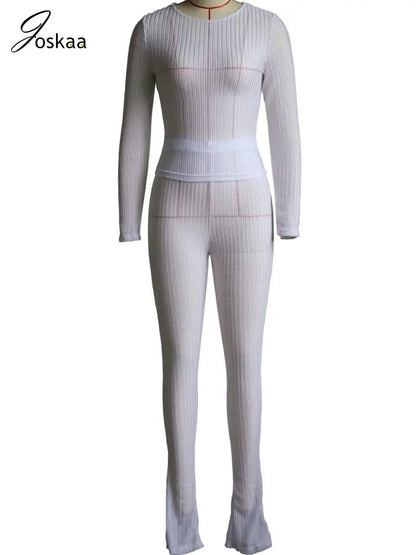 Women's Mesh Long Sleeve High Waist Two Piece Set Light Blue – Back View
