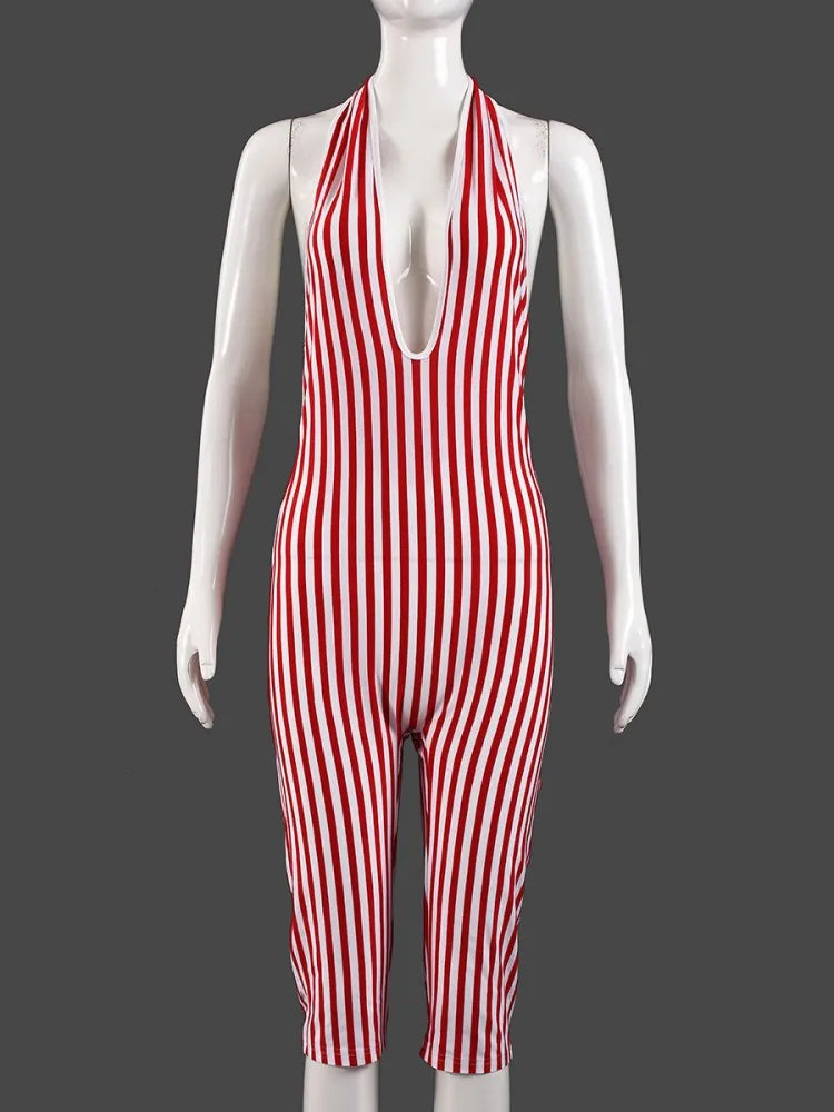 Women's Stripe Backless Halter Bodycon Romper