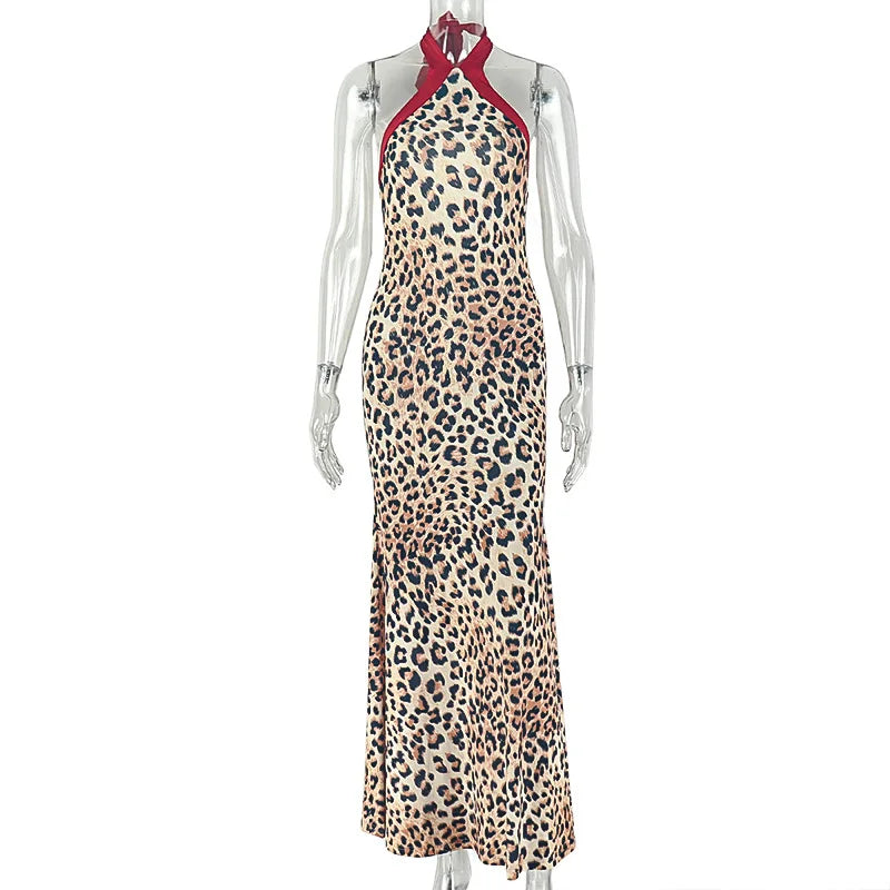 Women's Leopard Print Lace Backless Halter Maxi Dress - Additional View 7