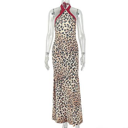 Women's Leopard Print Lace Backless Halter Maxi Dress - Additional View 7
