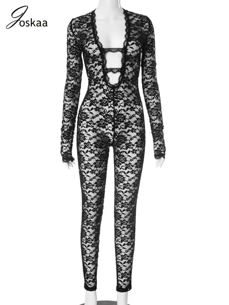 Wholesale Women's Lace Long Sleeve Bodycon Romper Black – Back View