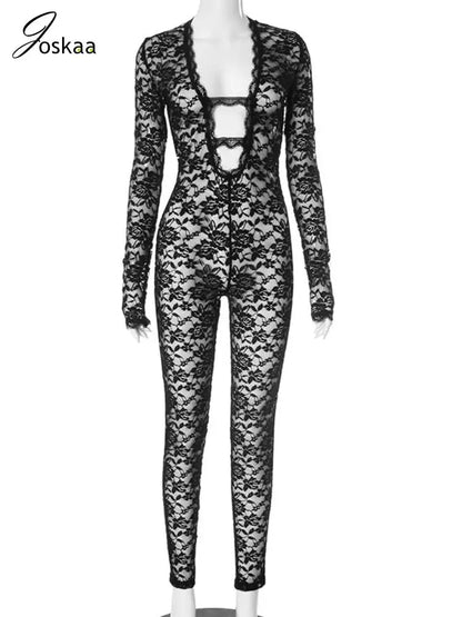 Wholesale Women's Lace Long Sleeve Bodycon Romper Black – Back View