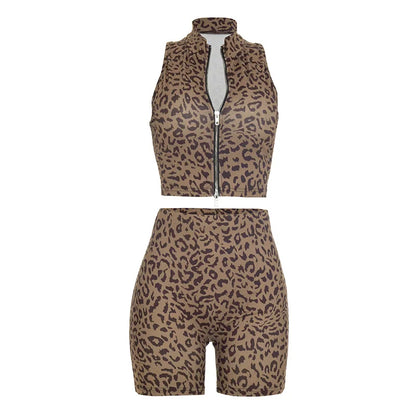 Women's Leopard Print Zip Up High Waist Two Piece Set - Additional View 7