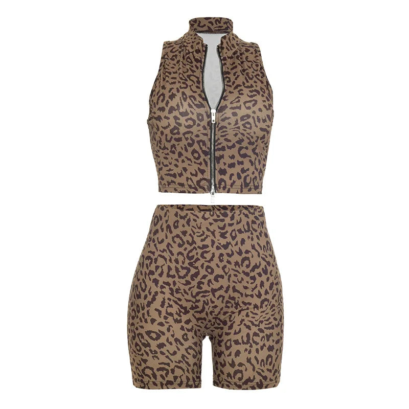 Women's Leopard Print Zip Up High Waist Two Piece Set - Additional View 7