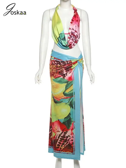 Wholesale Women's Backless Halter Two Piece Set Colorful – Back View