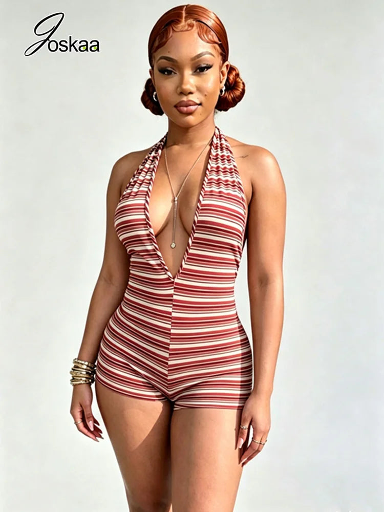 Women's Stripe Backless Halter Sleeveless Romper Wine Red – Front View