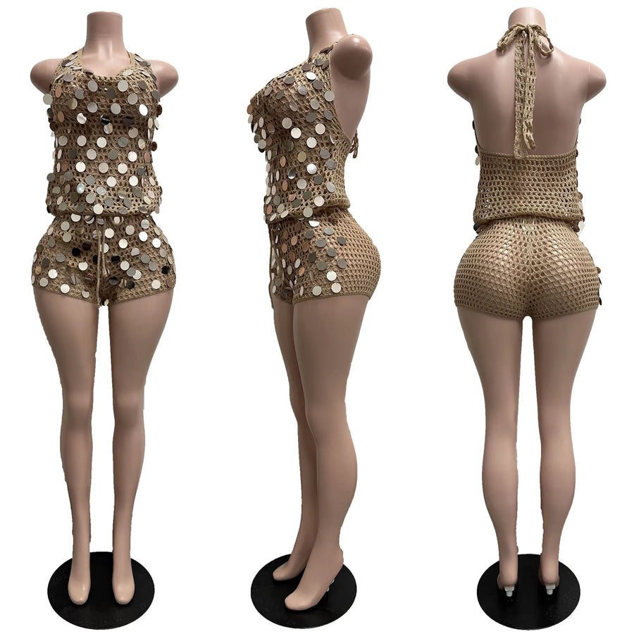 Women's Sequin Knit Cutout Two Piece Set
