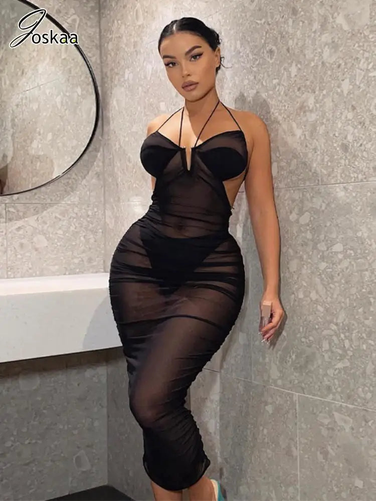 Women's Mesh Backless Halter Black Body-shaping Vestidos Dress – Women's Fashion Wholesale – Front View