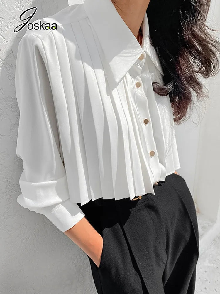 Women's Long Sleeve Pleated Fall Elegant Top Black – Front View