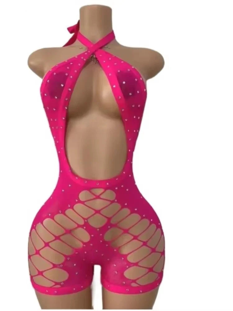 Women's Rhinestone Mesh Backless Cutout Romper – Women's Fashion Wholesale – Front View