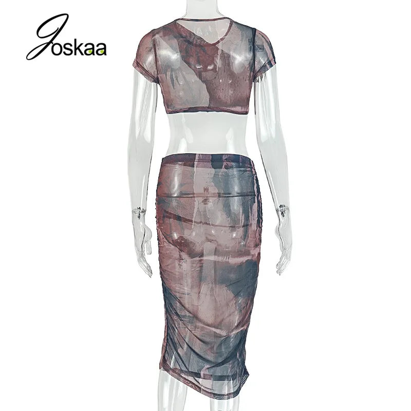 Women's Mesh Ruched Short Sleeve Two Piece Set Mixed – Detail View