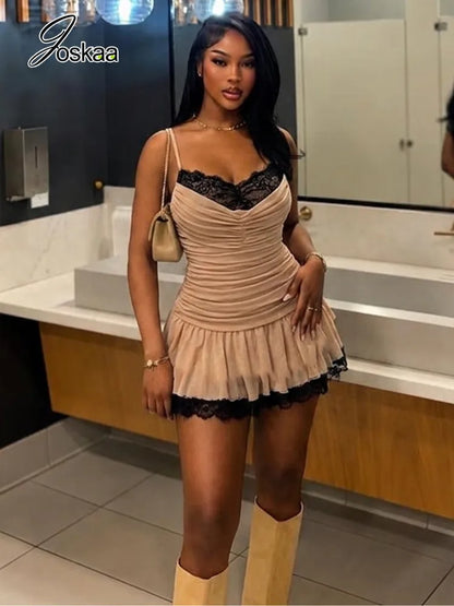 Women's Mesh Lace Ruched V-neck Mini Dress - Front View