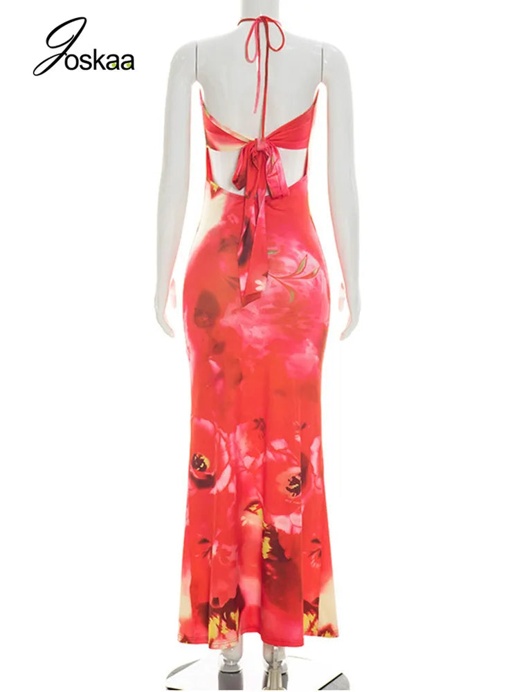 Women's Floral Print Backless Cutout Maxi Dress Red – Detail View