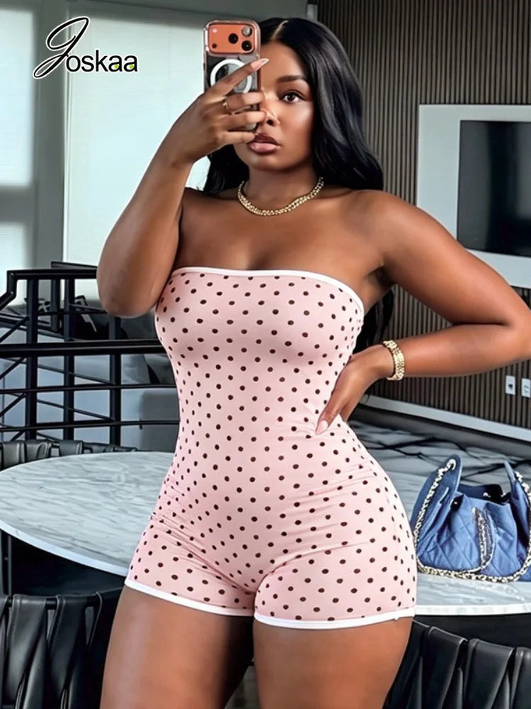 Women's Polka Dot Backless Strapless Romper Wine Red – Side View