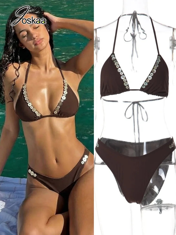 Women's Halter Swimwear Shell Buckle Bikini Set – Women's Fashion Wholesale – Front View