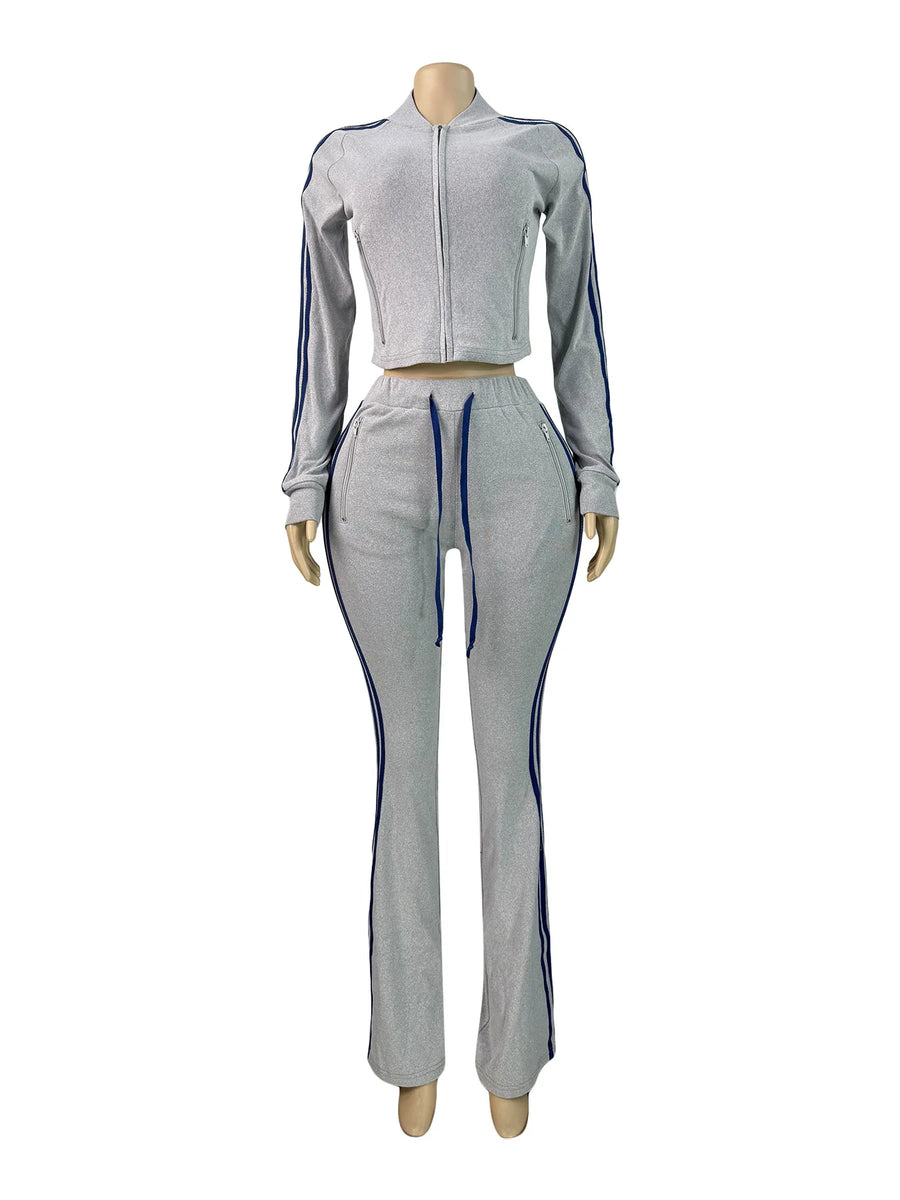 Joskaa Stripe Velvet Zip Up Long Sleeve Two Piece Set - two piece set image 2