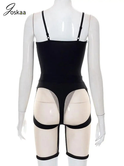 Women's Mesh Spaghetti Strap Black Two Piece Set Skin Shorts Set – Detail View