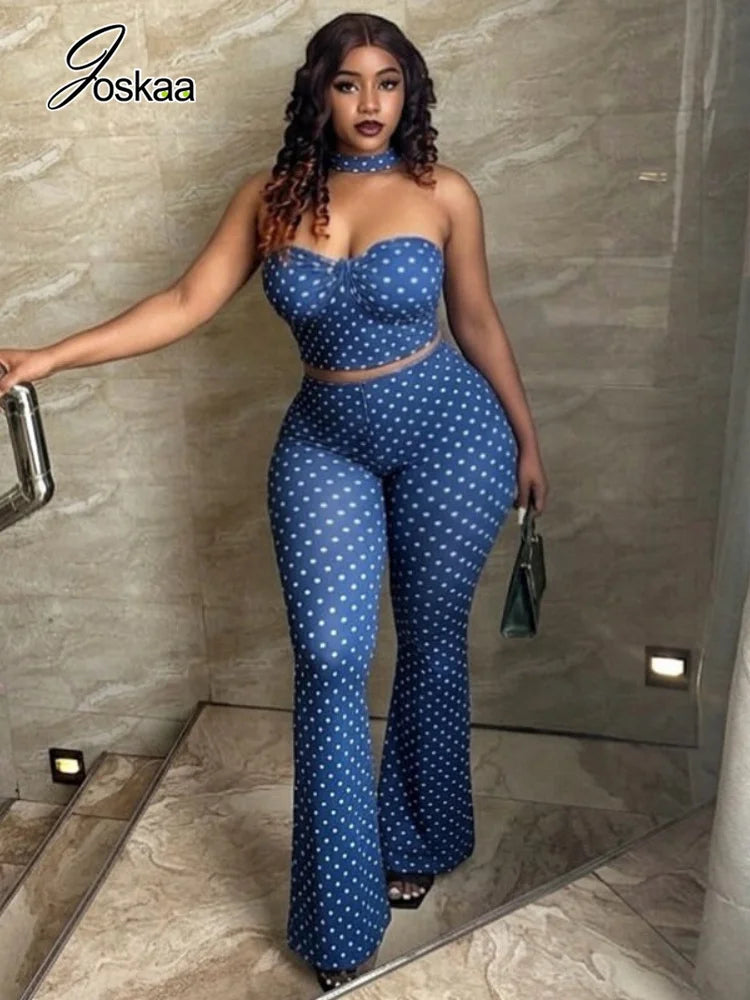 Women's Polka Dot Strapless High Waist Two Piece Set Polka Dot Blue – Front View
