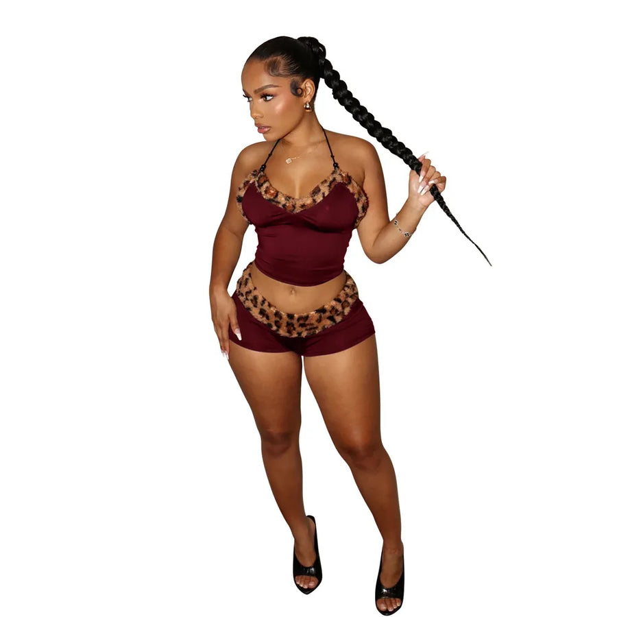 Women's Leopard Print Halter Two Piece Set