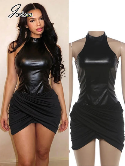 Women's Faux Leather Zip Up Sleeveless Bodycon Mini Dress - Women's Fashion Wholesale - Front View
