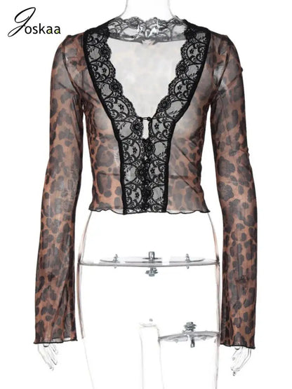 Women's Floral Print Mesh Long Sleeve Top Leopard Print – Back View