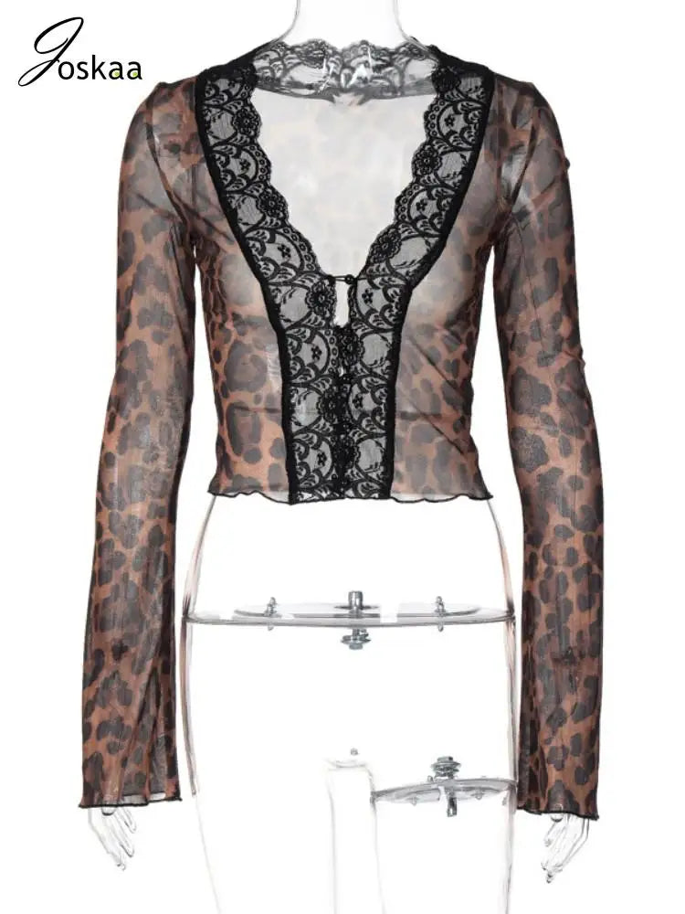 Women's Floral Print Mesh Long Sleeve Top Leopard Print – Back View