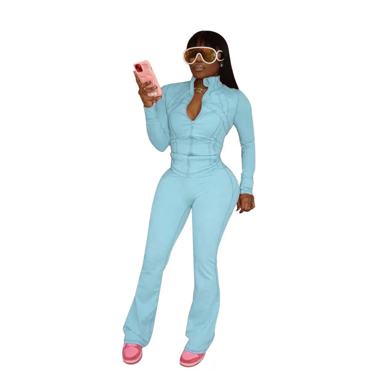 Women's Long Sleeve Flare Zip Two Piece Set