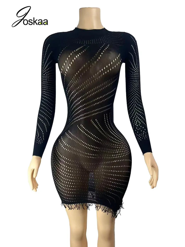 Women's Mesh Cutout Long Sleeve Bodycon Mini Dress - Detail View