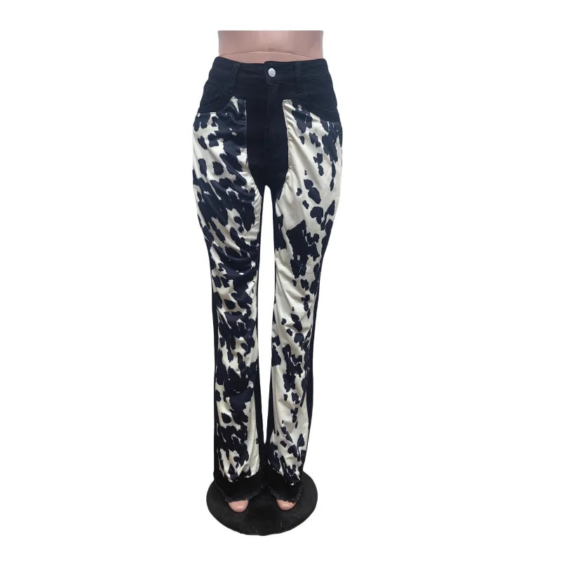 Wholesale Women's Leopard Print Denim Wide Leg Pants