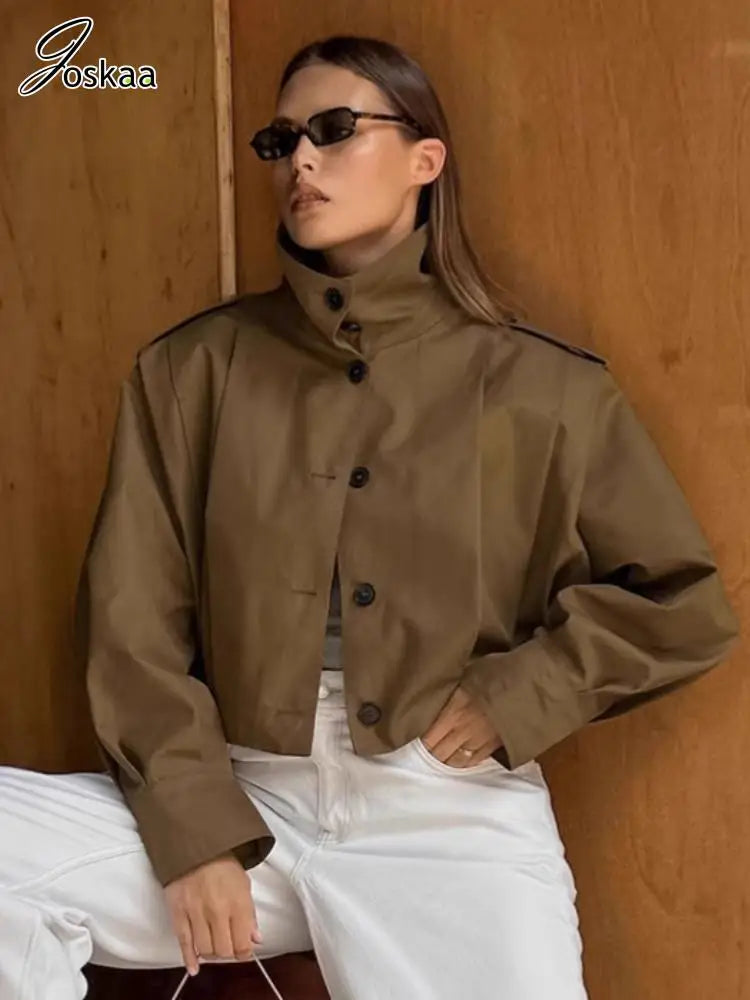 Women's Long Sleeve Pleated Lapel Single Jacket Khaki – Side View